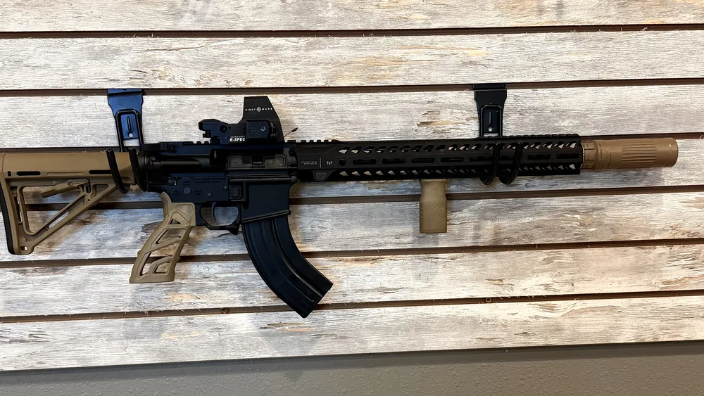 FDE AR with a red dot optic and colour-matched suppressor