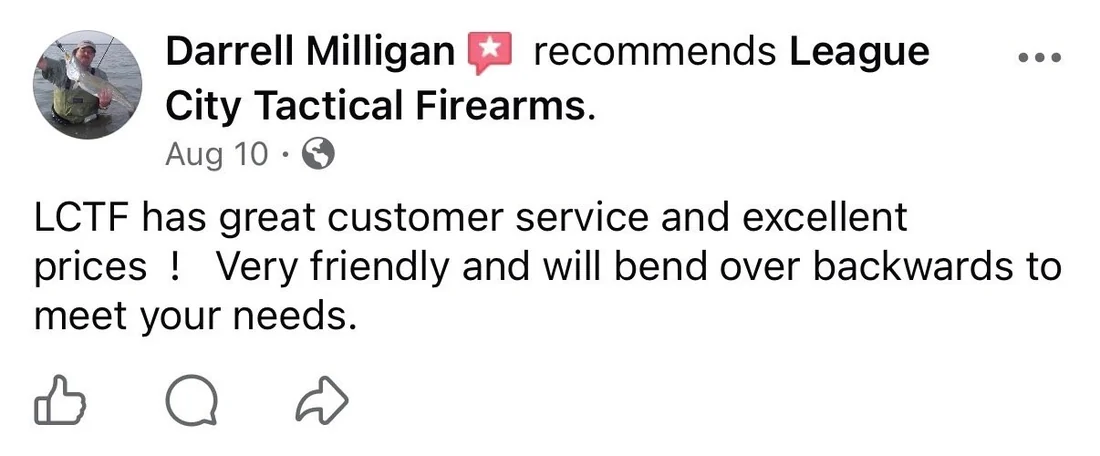 Facebook recommendation from Darrell Milligan for League City Tactical Firearms, posted August 10