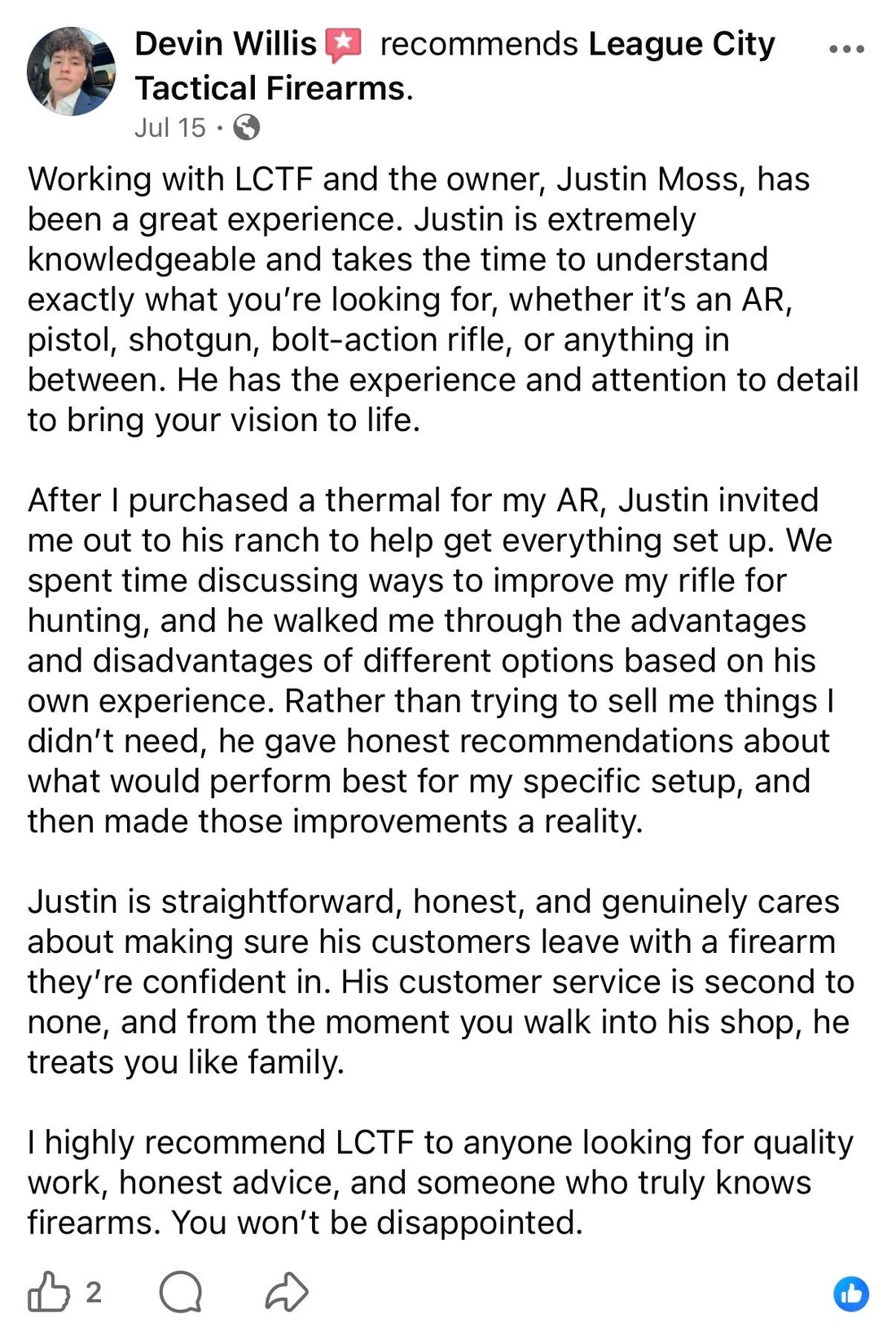 Facebook recommendation from Devin Willis describing a thermal setup on his AR and a range visit with Justin